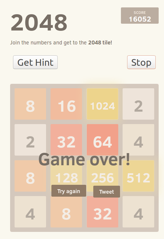 2048 é realmente o maior valor possível de ser encontrado no jogo 4x4 (16  casas)? Existe uma relação matemática entre o tamanho e o maior valor?  Qual? - Quora