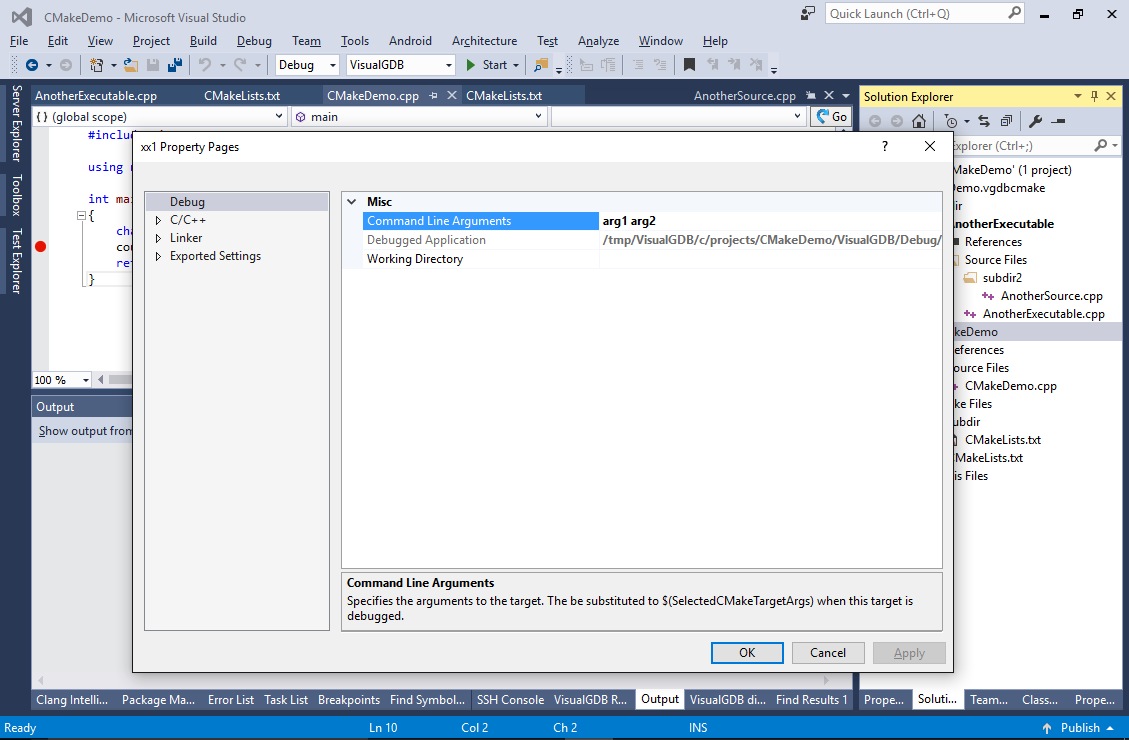 Command args. Проект cmake Visual Studio. Cmake Visual Studio 2022. VISUALGDB. NC Studio Linux.