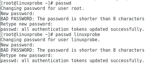 分别设置root和linuxprobe的密码