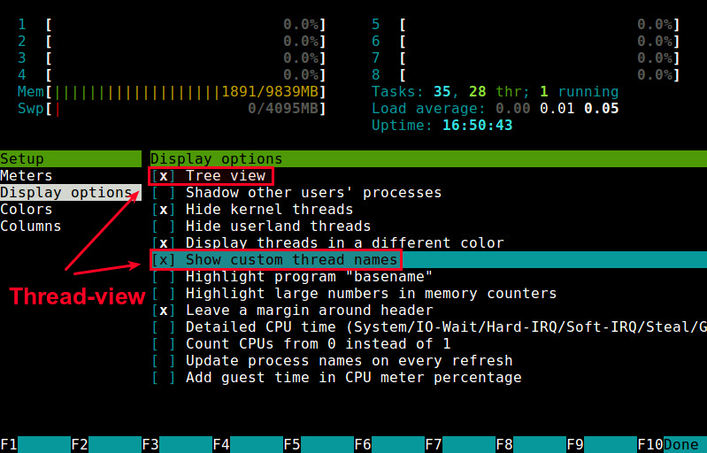 Instead of update. Thread view. Htop Custom thread name. All CPU Meter.