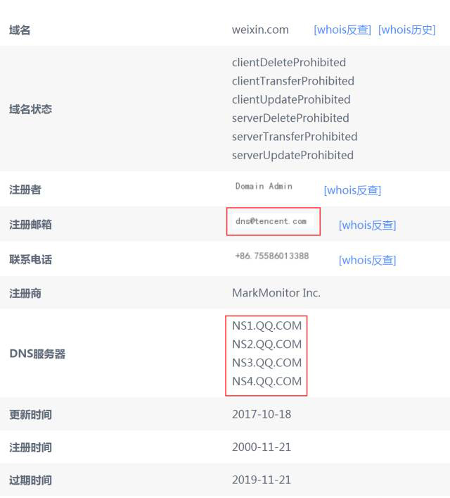 双拼域名weixin.com的whois信息变更所有人为腾讯