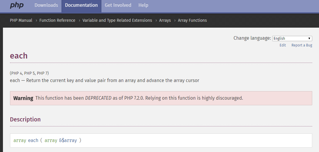 php 7.2.0开始将废除each函数