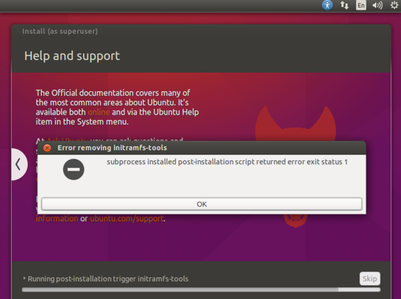 ubuntu安装出现"删除initramfs-tools时出错"，subprocess installed post-installation script returned error exit status 1第1张