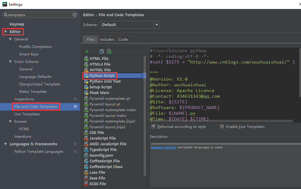 PyCharm  File and Code Templates